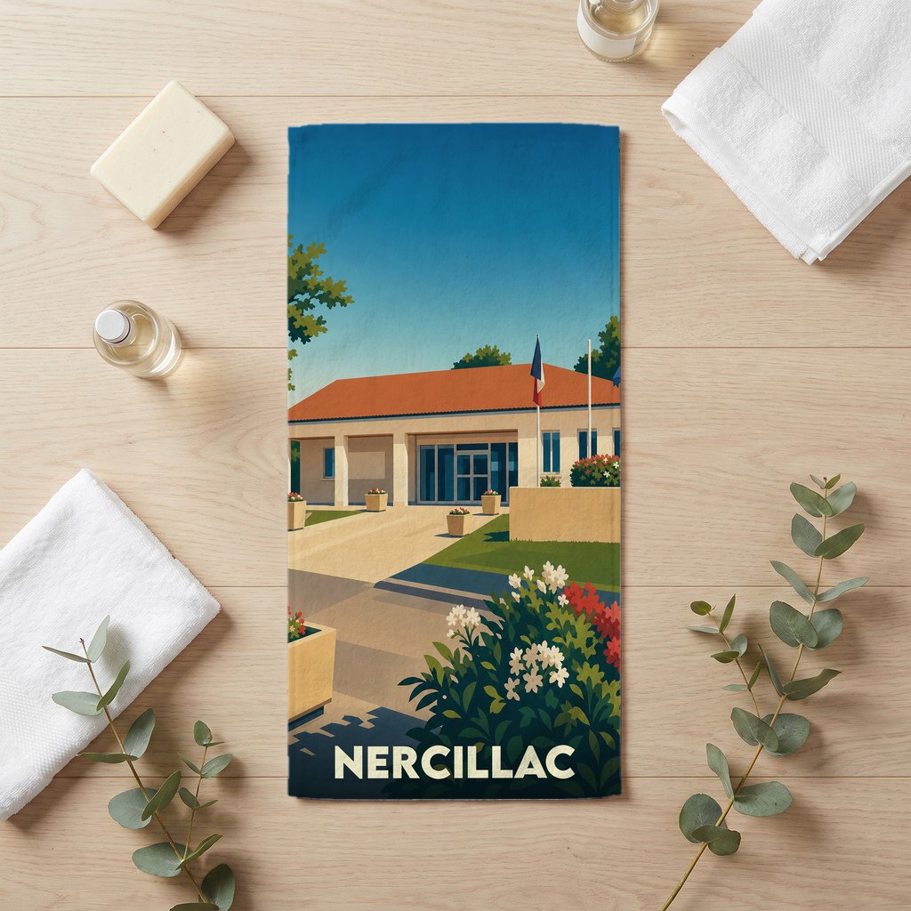 Serviette de bain souvenir de la ville de Nercillac avec une illustration stylisée de sa mairie.