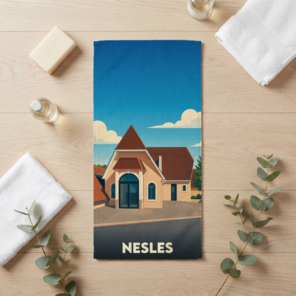 Serviette de bain souvenir de la ville de Nesles avec une illustration stylisée d'un bâtiment typique.