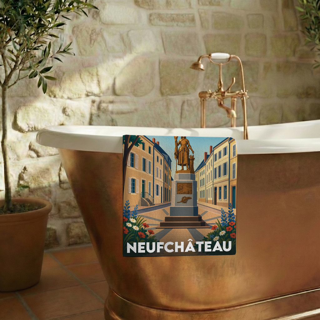 Serviette de bain souvenir de la ville de Neufchâteau illustrée d'une vue stylisée de la place principale.
