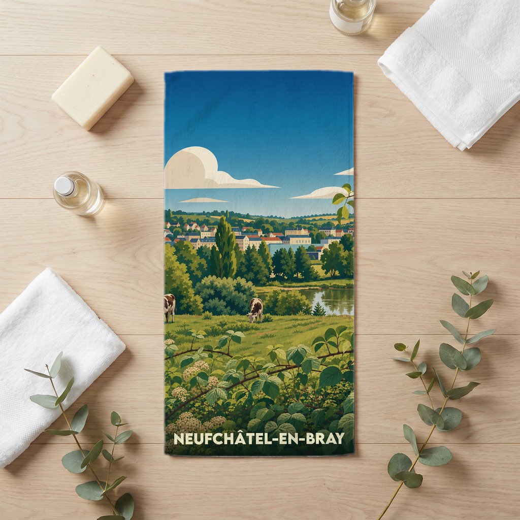 Serviette de bain souvenir de la ville de Neufchâtel-en-Bray avec une illustration champêtre stylisée.