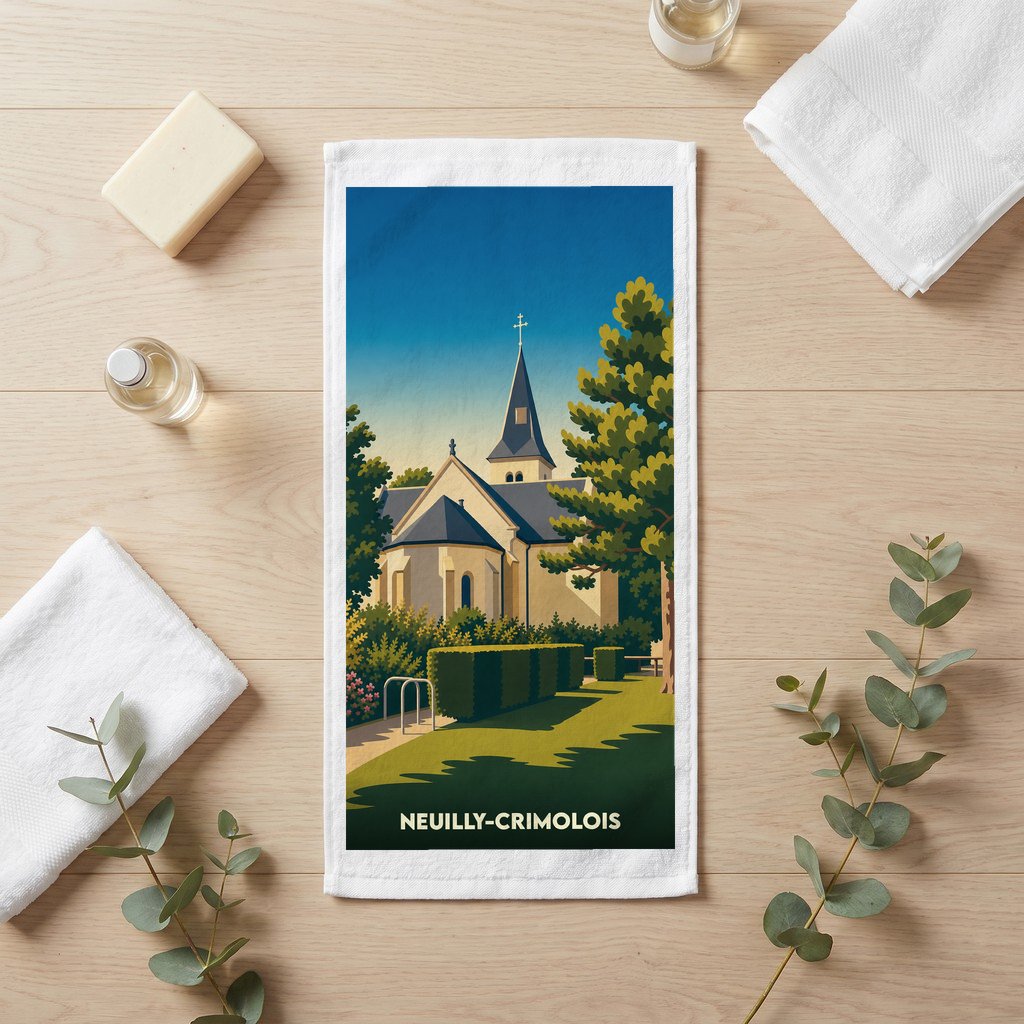 Serviette de bain souvenir de la ville de Neuilly-Crimolois avec une illustration stylisée de son église.