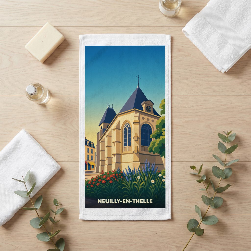 Serviette de bain souvenir de la ville de Neuilly-en-Thelle avec une illustration stylisée de son église.