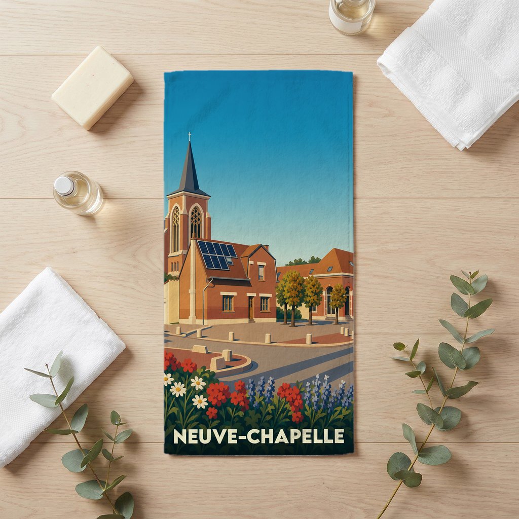 Serviette de bain souvenir de la ville de Neuve-Chapelle avec une illustration stylisée.