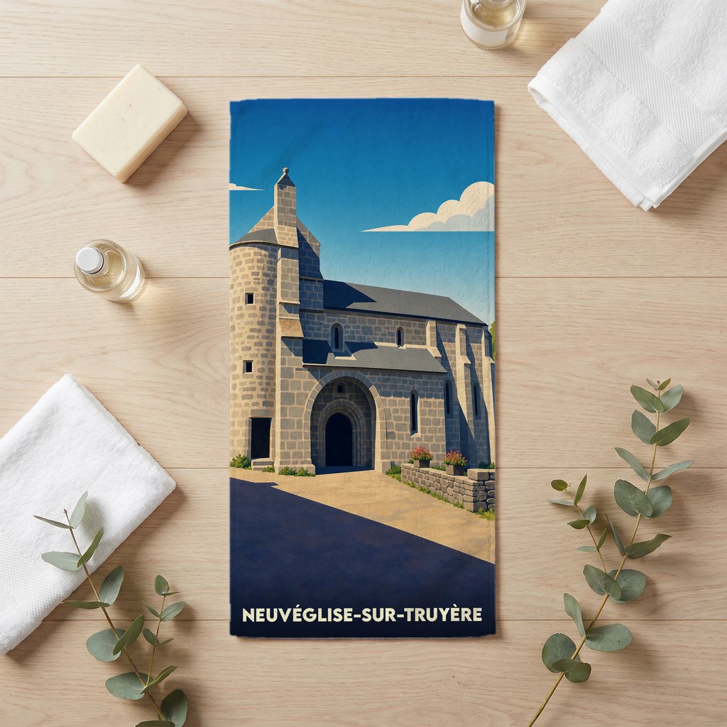 Serviette de bain souvenir de Neuvéglise-sur-Truyère arborant une illustration stylisée de son église médiévale.