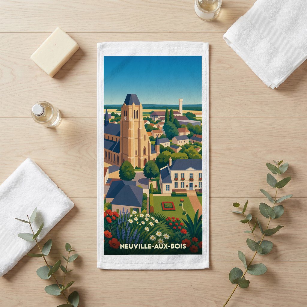 Serviette de bain souvenir de la ville de Neuville-aux-Bois avec une illustration stylisée.