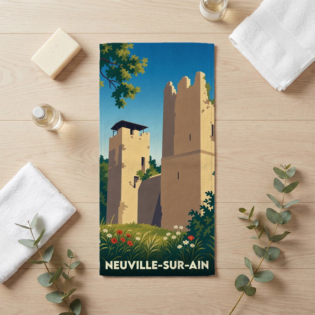Serviette de bain souvenir de Neuville-sur-Ain illustrée d'un château médiéval stylisé.