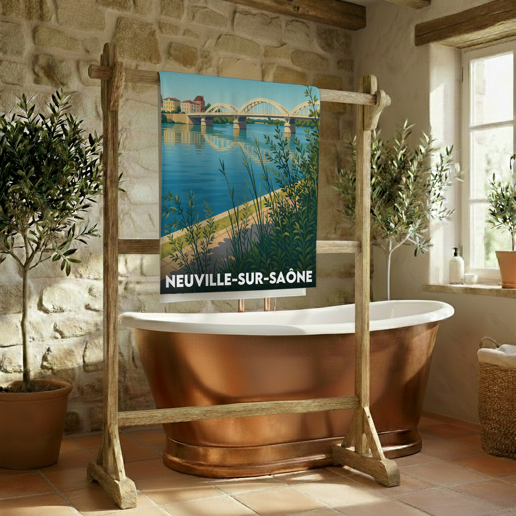 Serviette de bain souvenir de Neuville-sur-Saône arborant une illustration stylisée de son célèbre pont.