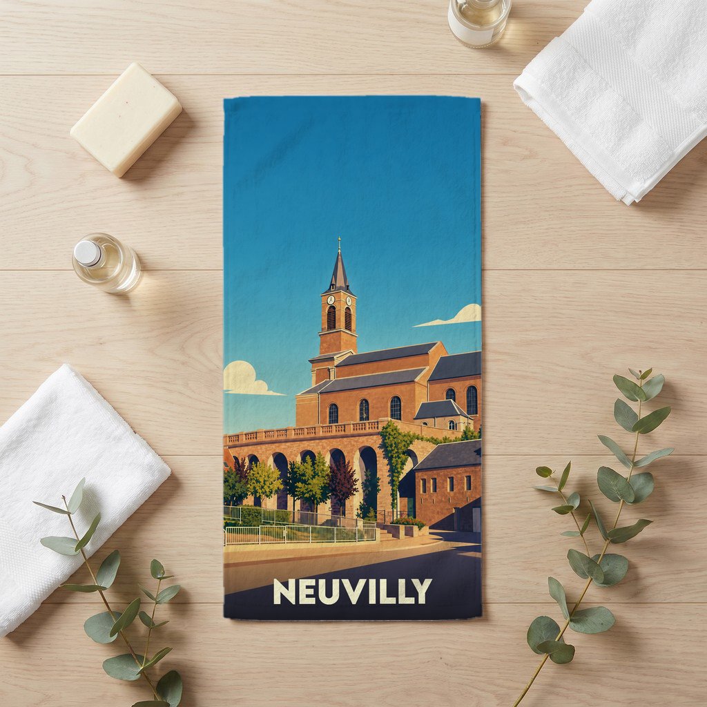 Serviette de bain souvenir de la ville de Neuvilly avec une illustration stylisée de son église.