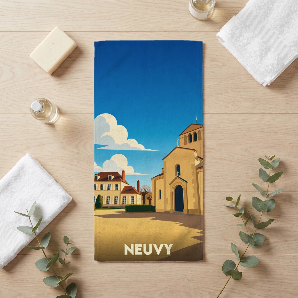 Serviette de bain souvenir de la ville de Neuvy avec une illustration stylisée.