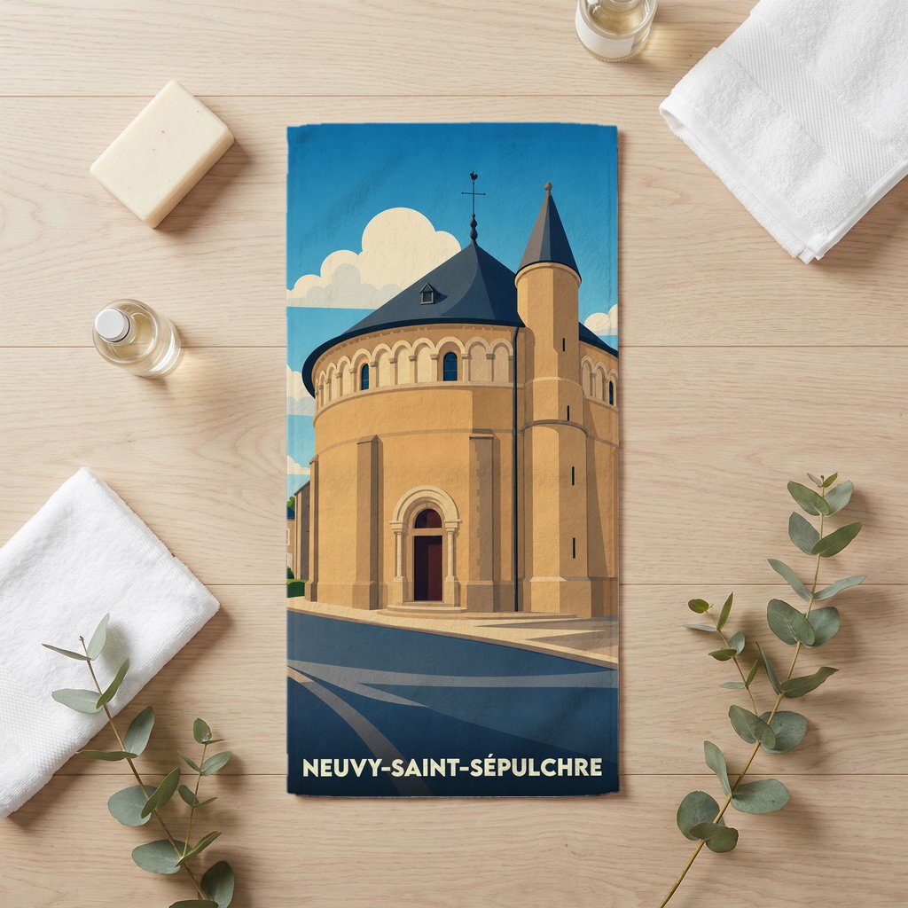 Serviette de bain souvenir de la ville de Neuvy-Saint-Sépulchre avec une illustration stylisée de son église ronde.