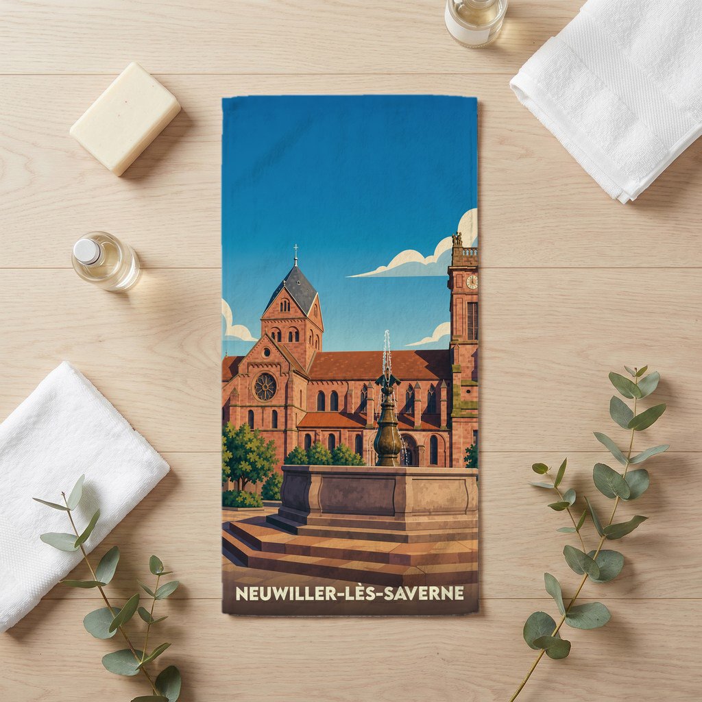 Serviette de bain souvenir de la ville de Neuwiller-lès-Saverne illustrant l'abbaye et sa fontaine.