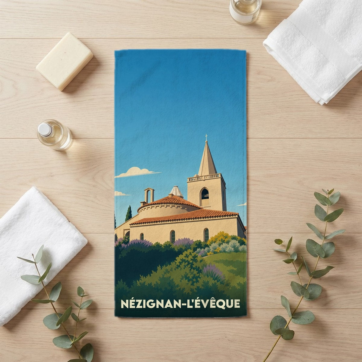 Serviette de bain 30 cm x 60 cm souvenir de Nézignan-l'Évêque