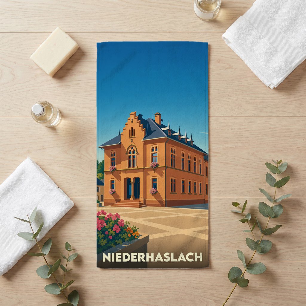 Serviette de bain souvenir de la ville de Niederhaslach avec une illustration stylisée de son architecture.