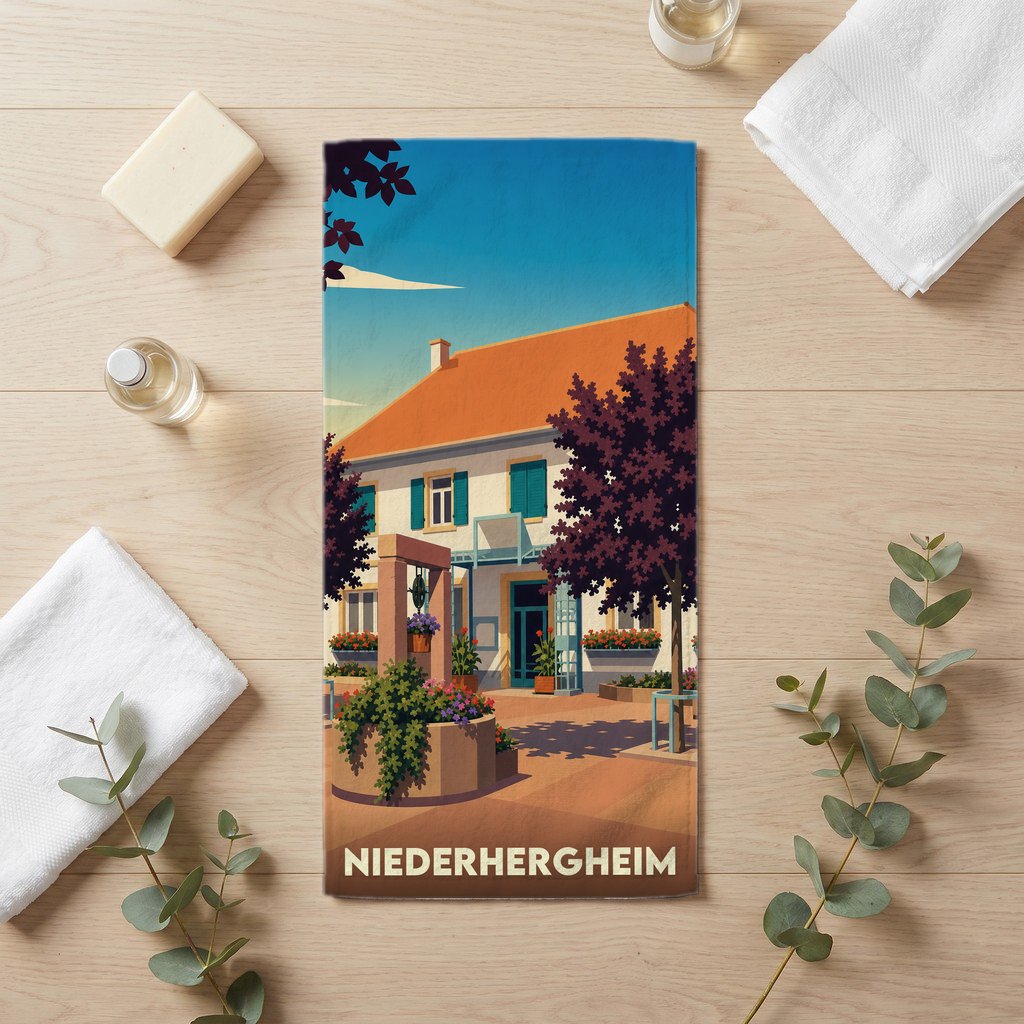 Serviette de bain souvenir de la ville de Niederhergheim avec une illustration stylisée.
