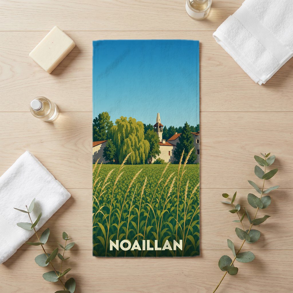 Serviette de bain souvenir de la ville de Noaillan illustrée par un paysage champêtre stylisé.