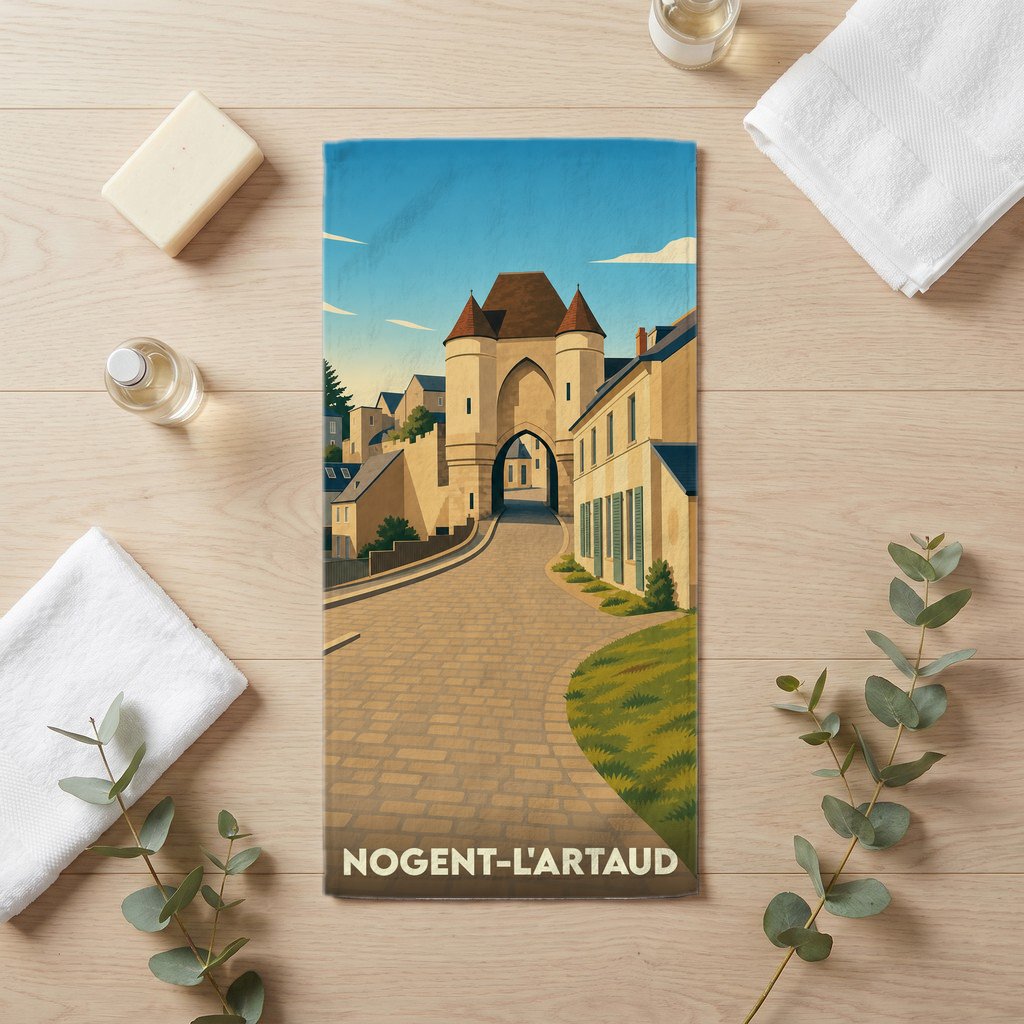 Serviette de bain souvenir de la ville de Nogent-l'Artaud avec une illustration stylisée d'une porte de ville historique.