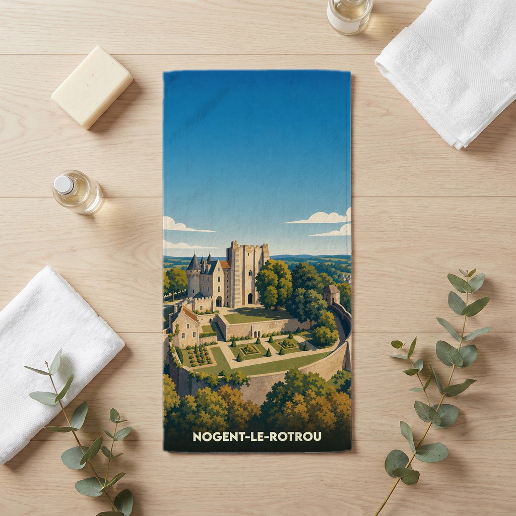 Serviette de bain souvenir de la ville de Nogent-le-Rotrou avec une illustration stylisée de son château.