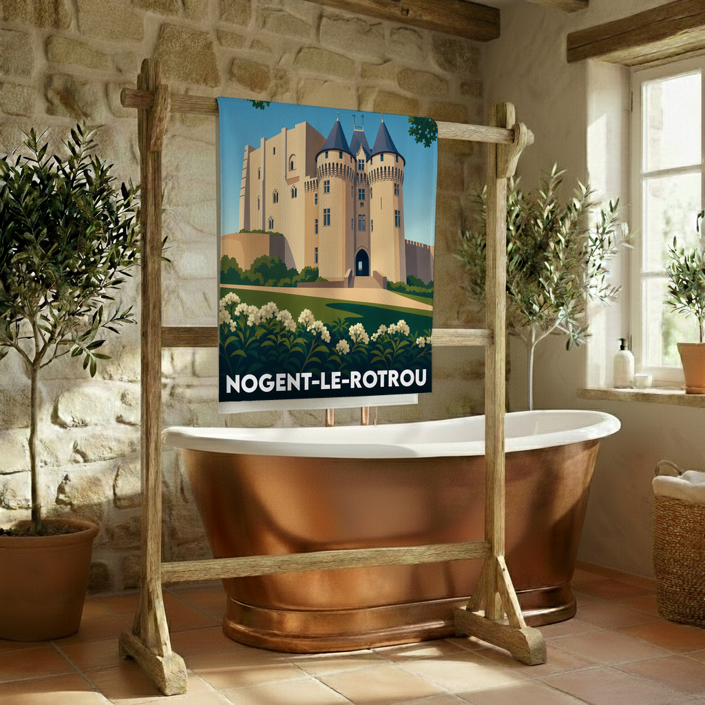 Serviette de bain souvenir de la ville de Nogent-le-Rotrou avec une illustration stylisée de son château.