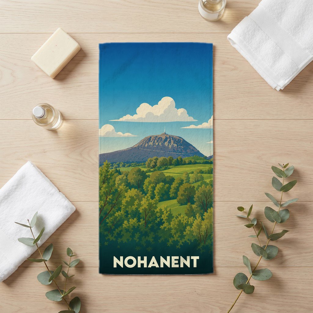 Serviette de bain souvenir de la ville de Nohanent avec une illustration stylisée d'un paysage montagneux.