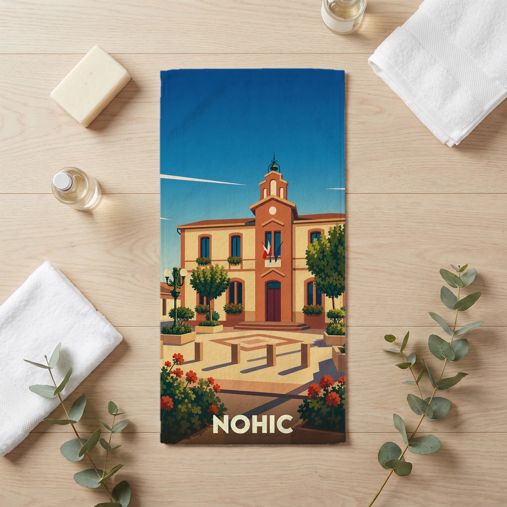Serviette de bain souvenir de la ville de Nohic avec une illustration stylisée de sa mairie.