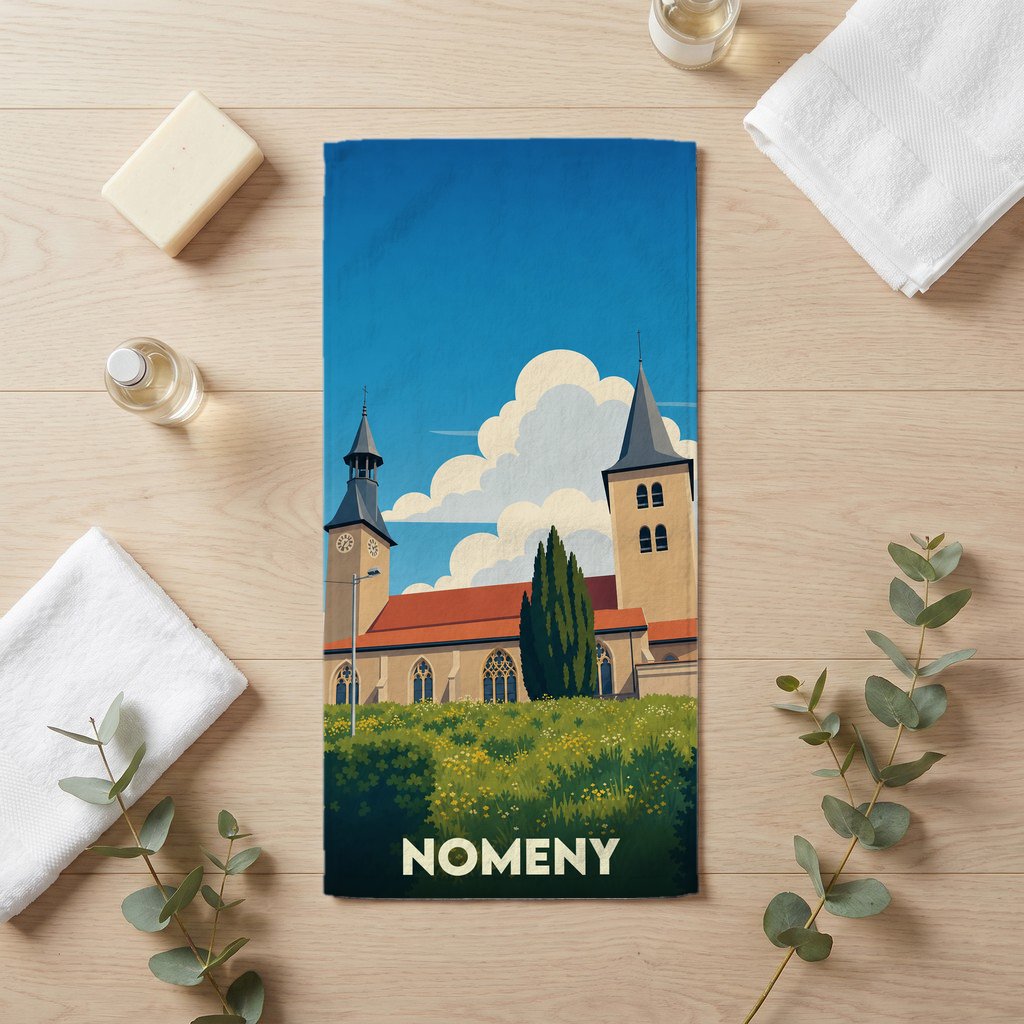 Serviette de bain souvenir de la ville de Nomeny avec une illustration stylisée de son église.
