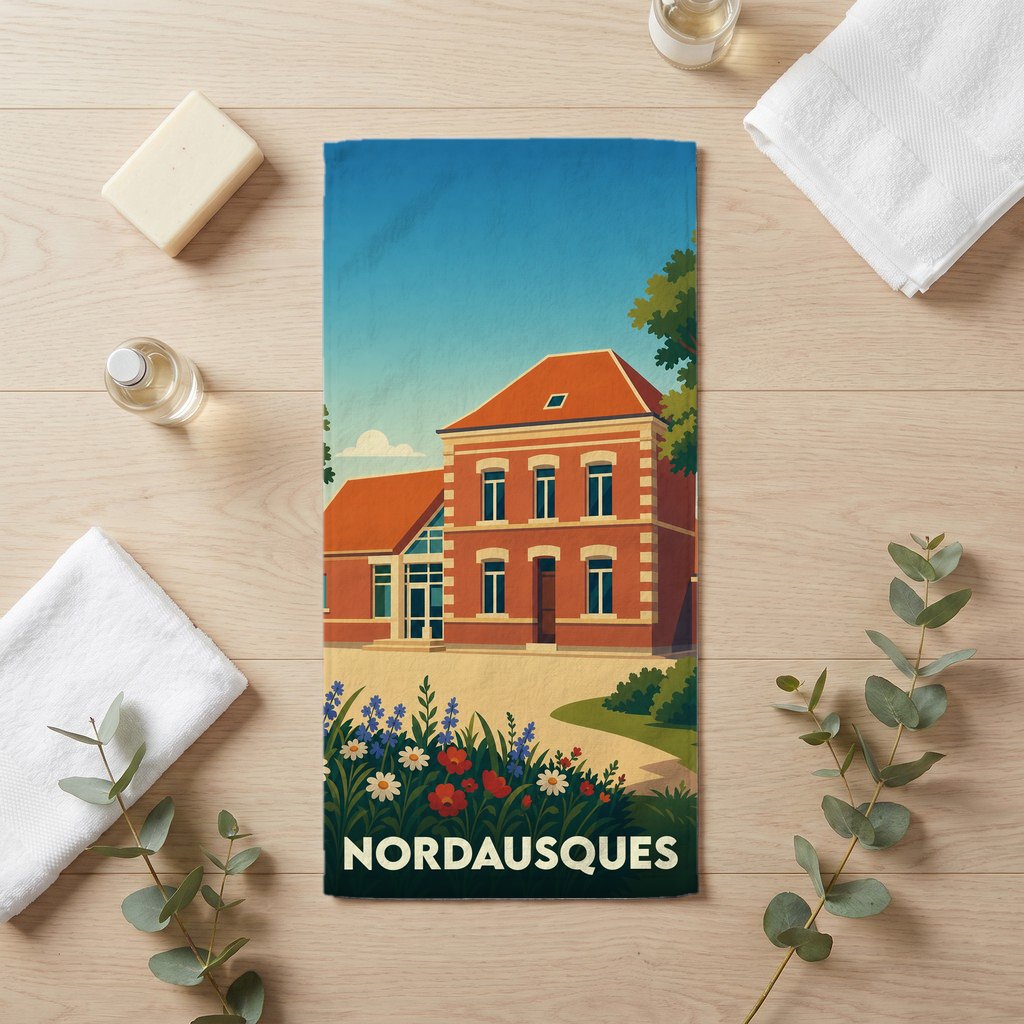 Serviette de bain souvenir de la ville de Nordausques avec une illustration stylisée d'un bâtiment traditionnel.