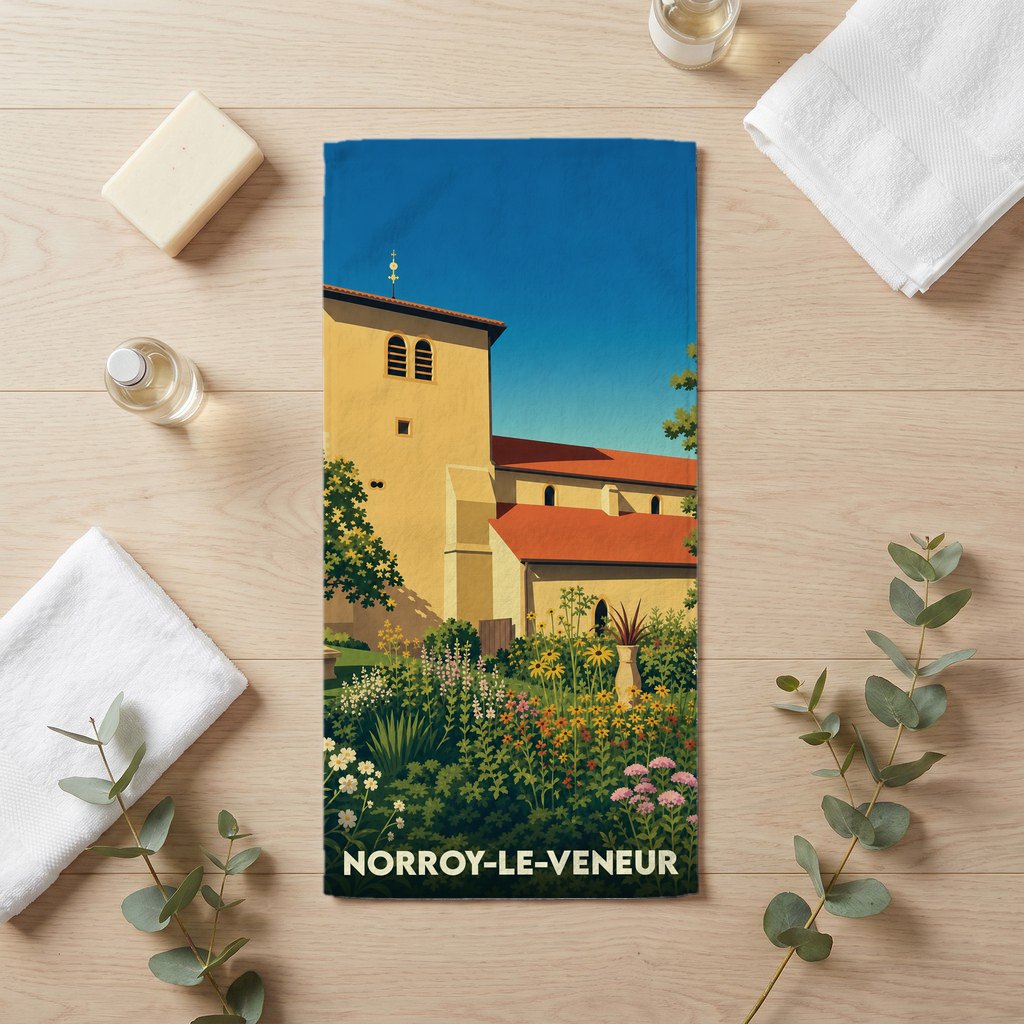 Serviette de bain souvenir de la ville de Norroy-le-Veneur avec une illustration stylisée.
