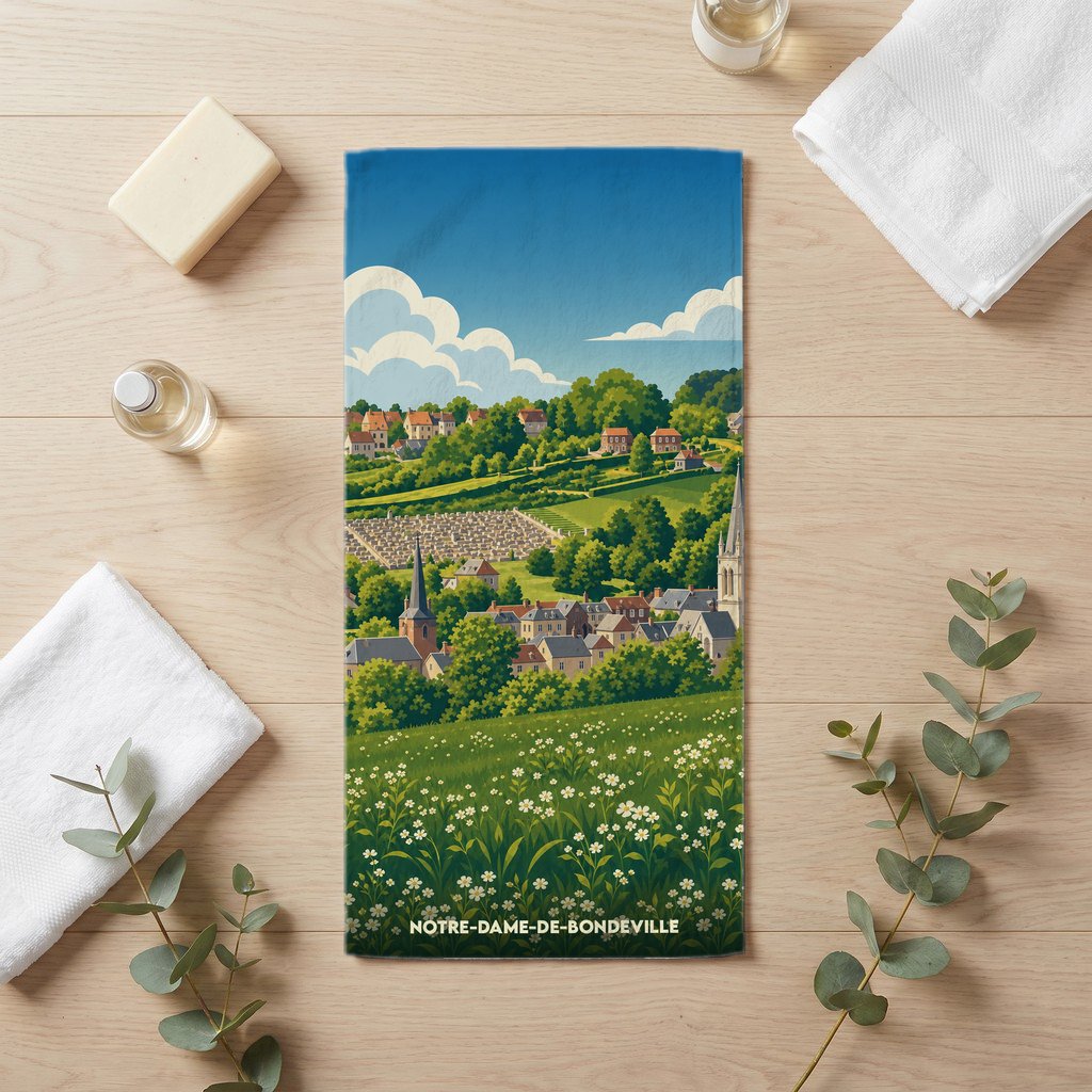 Serviette de bain souvenir de la ville de Notre-Dame-de-Bondeville avec une illustration de paysage vallonné.