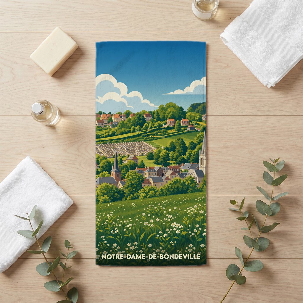 Serviette de bain souvenir de la ville de Notre-Dame-de-Bondeville avec une illustration de paysage vallonné.