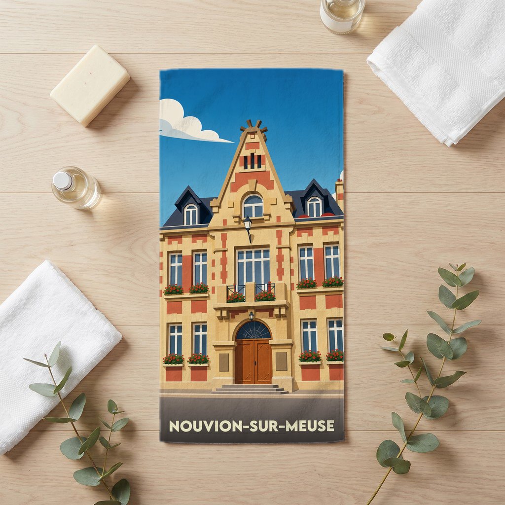 Serviette de bain souvenir de Nouvion-sur-Meuse illustrée d'un bâtiment typique de la ville.