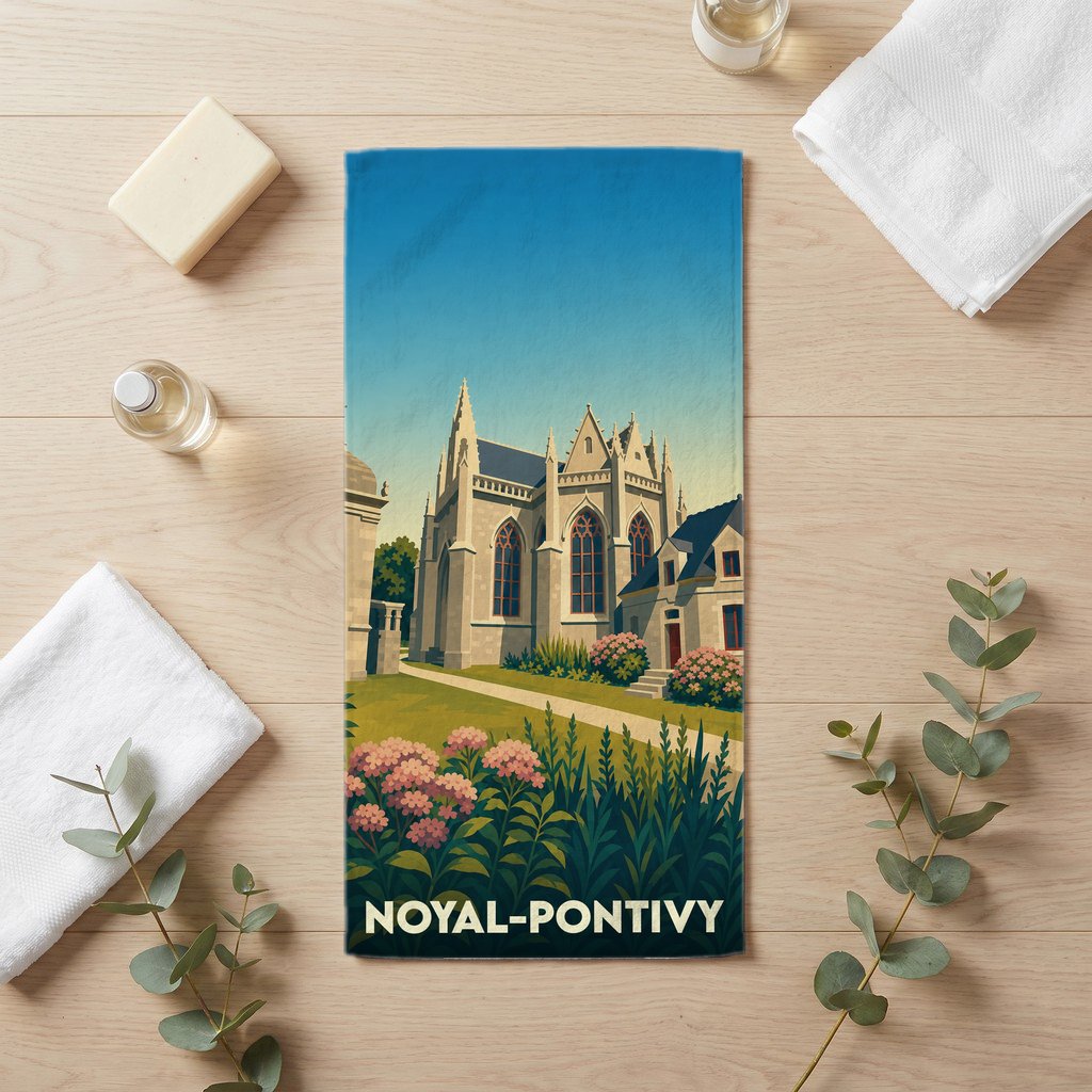 Serviette de bain souvenir de la ville de Noyal-Pontivy avec une illustration stylisée de son église et de ses jardins.