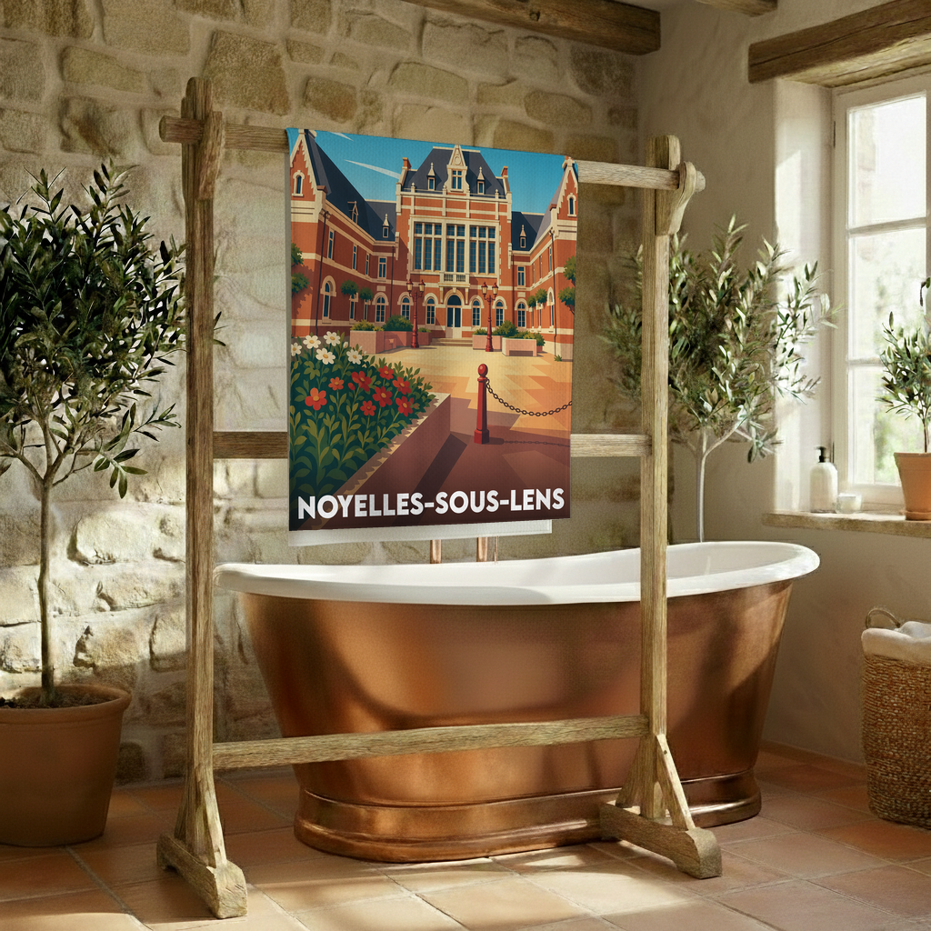 Serviette de bain souvenir de la ville de Noyelles-sous-Lens avec une illustration stylisée.