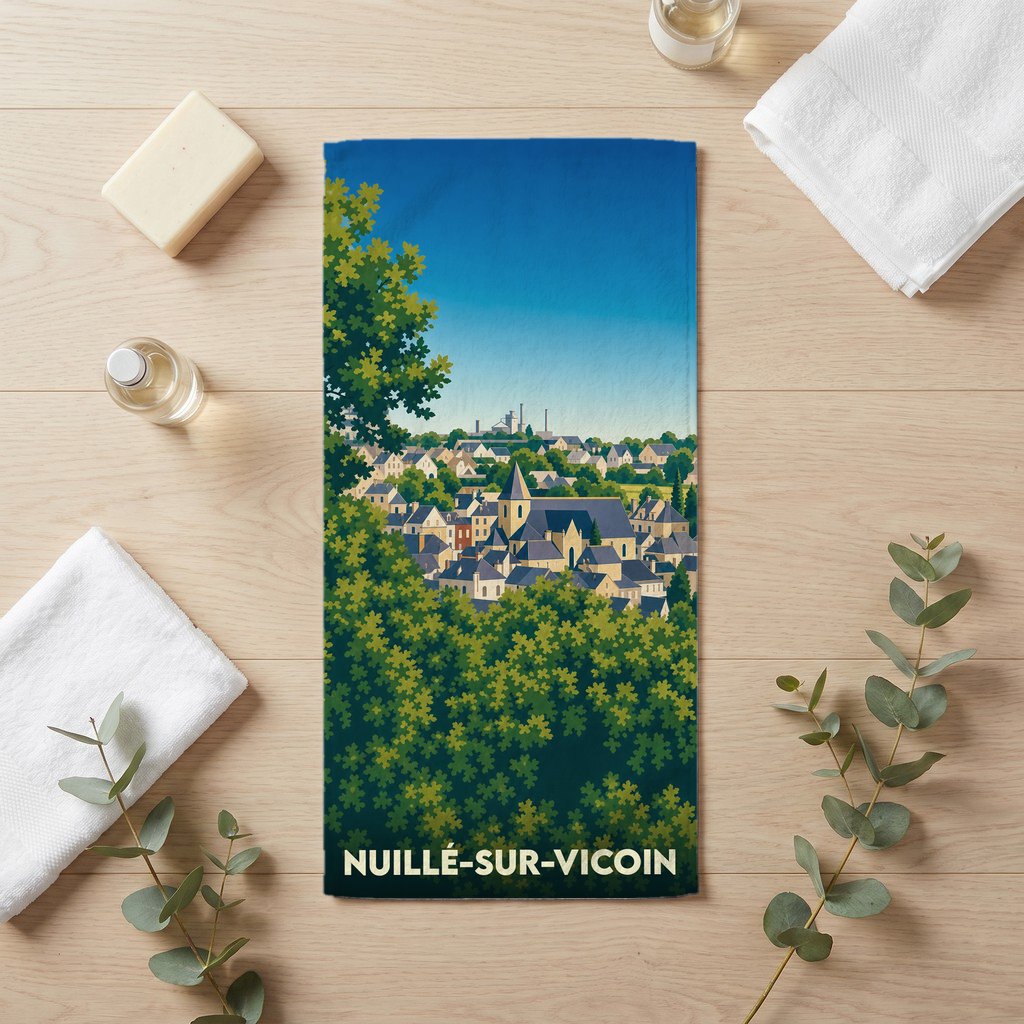 Serviette de bain souvenir de la ville de Nuillé-sur-Vicoin avec une illustration stylisée.