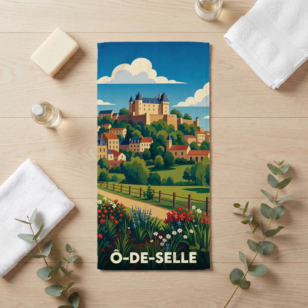 Serviette de bain souvenir de la ville de Ô-de-Selle avec une illustration stylisée de château.