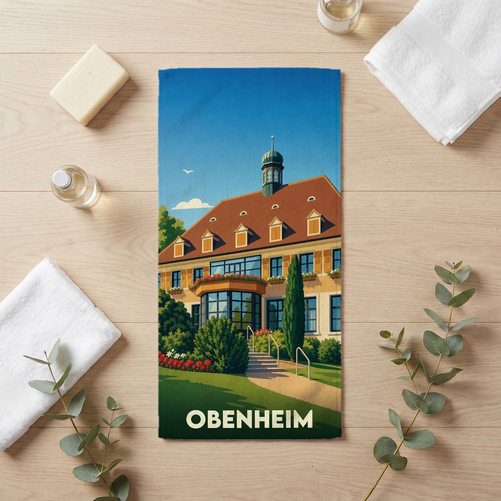 Serviette de bain souvenir de la ville de Obenheim avec une illustration stylisée d'un bâtiment historique.