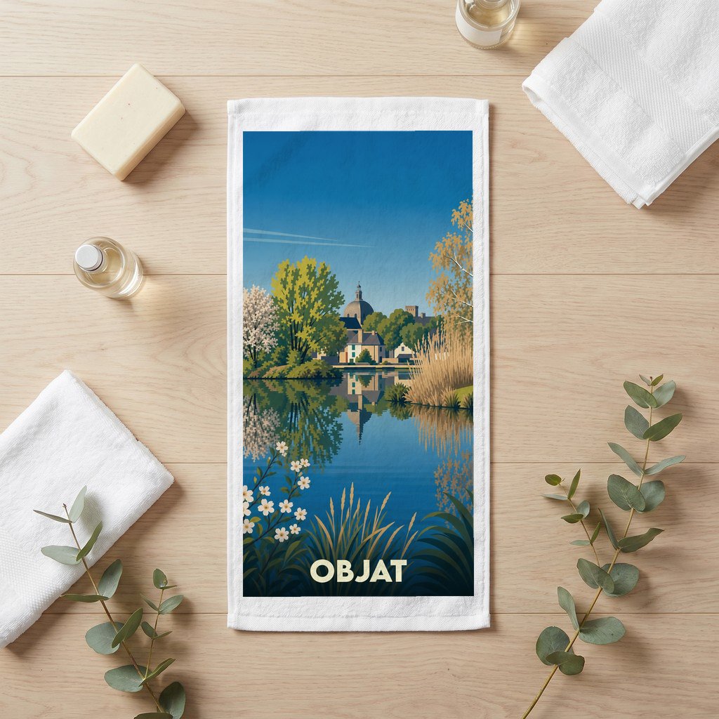Serviette de bain souvenir de la ville de Objat avec une illustration paysagère stylisée.