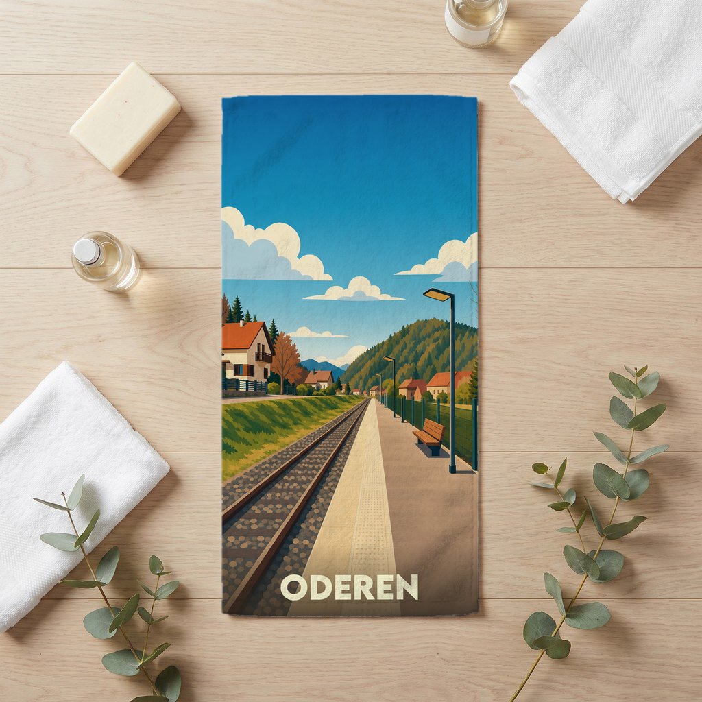 Serviette de bain souvenir de la ville d'Oderen illustrant sa gare dans un style vintage.