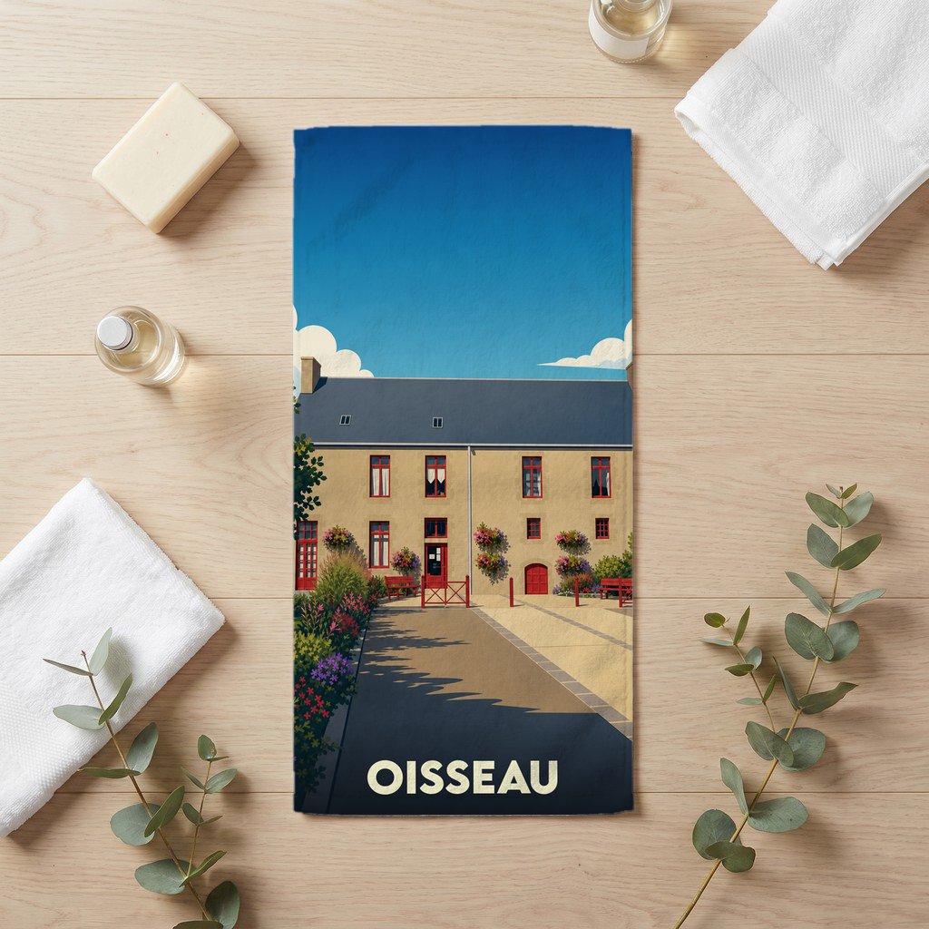 Serviette de bain souvenir de la ville de Oisseau avec une illustration stylisée d'un bâtiment fleuri.