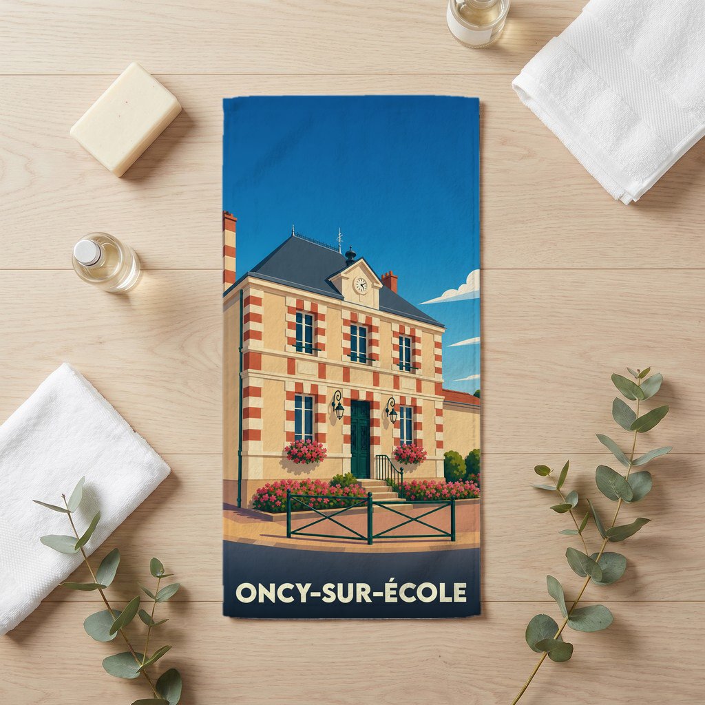 Serviette de bain souvenir de la ville d'Oncy-sur-École avec une illustration stylisée de la mairie.