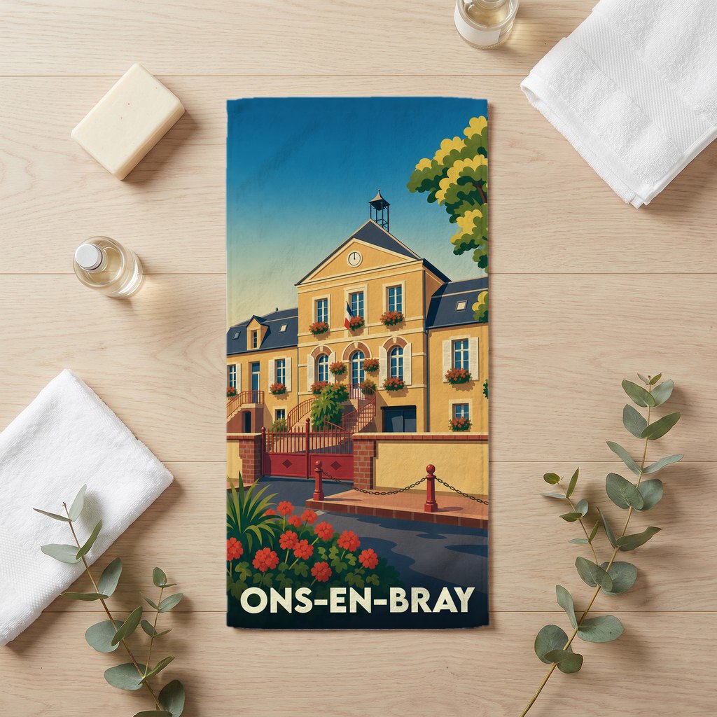Serviette de bain souvenir de la ville de Ons-en-Bray avec une illustration stylisée.