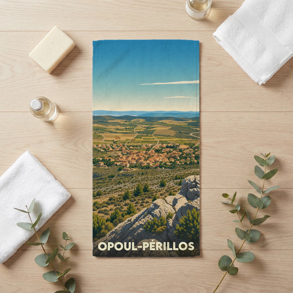 Serviette de bain souvenir de la ville d'Opoul-Périllos avec une illustration de paysage panoramique.