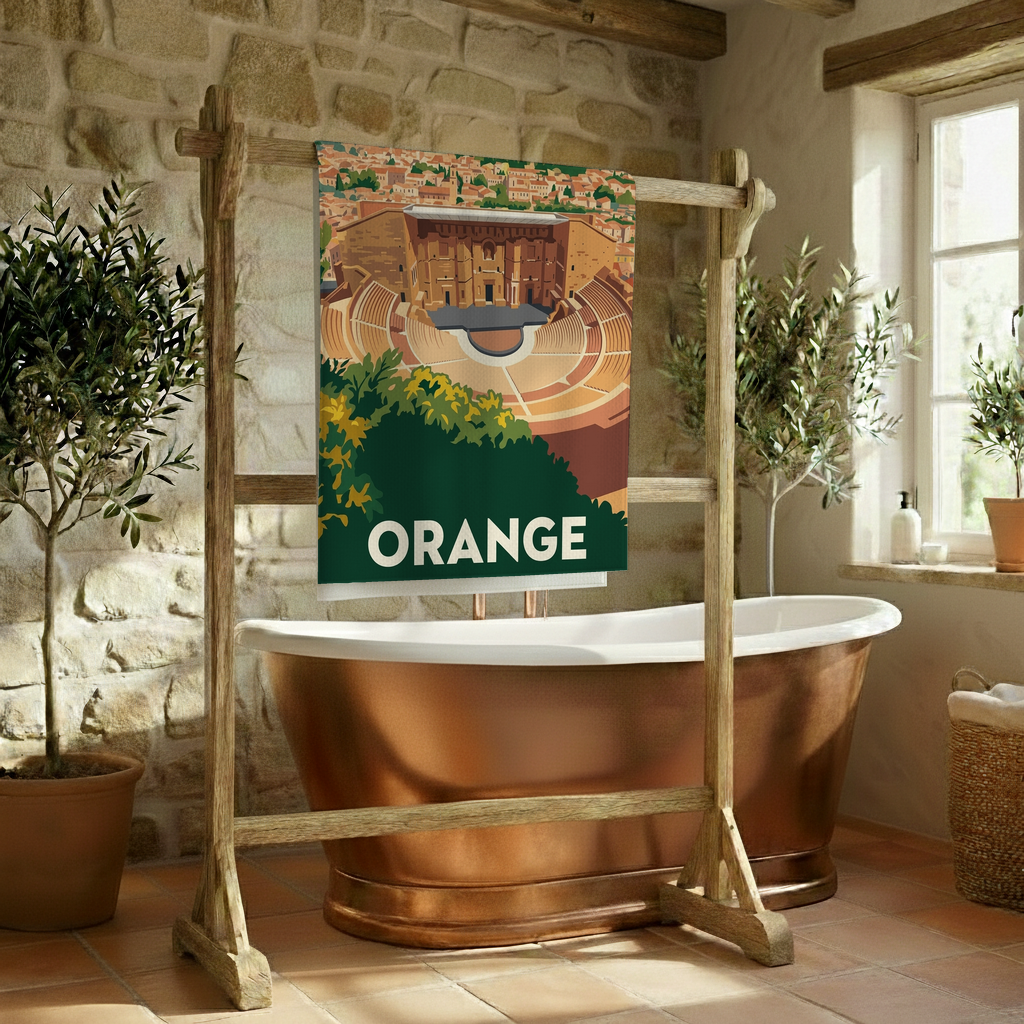 Serviette de bain souvenir de la ville d'Orange avec une illustration stylisée de son théâtre antique.