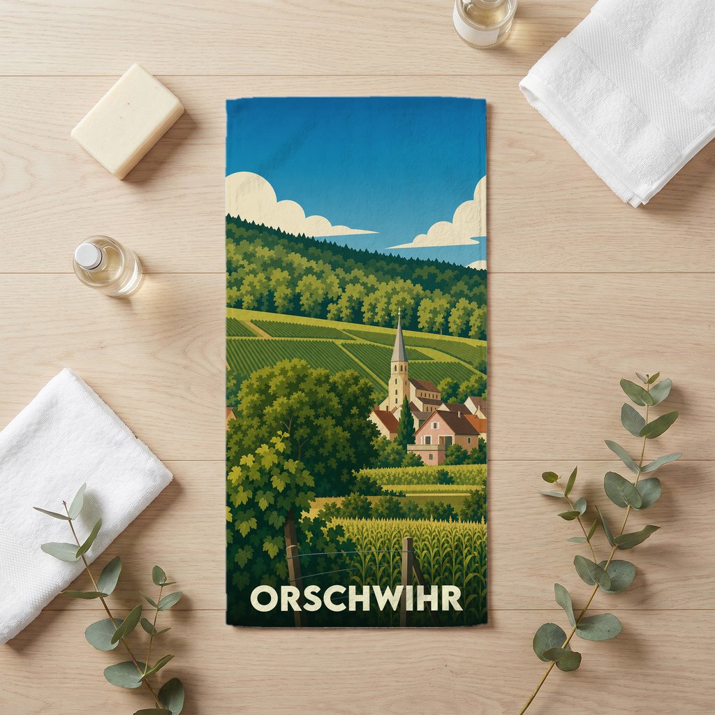 Serviette de bain souvenir de la ville de Orschwihr avec une illustration stylisée de paysages alsaciens.