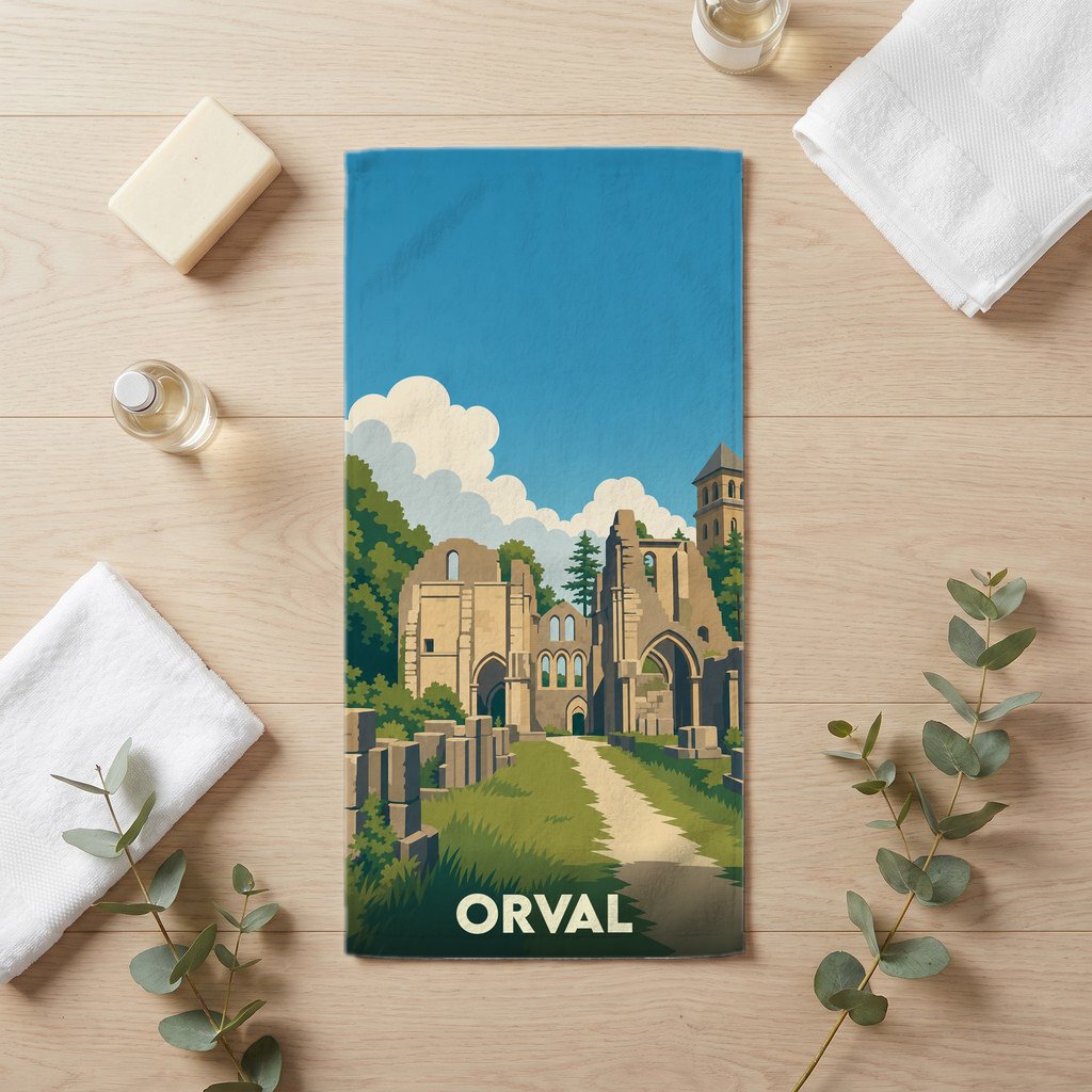 Serviette de bain souvenir de la ville d'Orval avec une illustration stylisée de ses ruines.