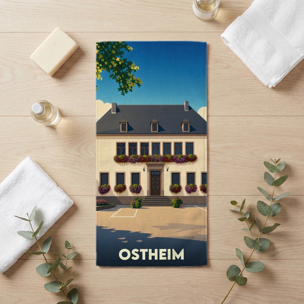 Serviette de bain souvenir de la ville d'Ostheim ornée d'une illustration stylisée de sa mairie fleurie.
