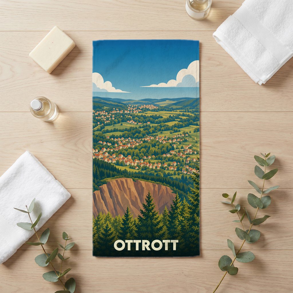 Serviette de bain souvenir de la ville d'Ottrott avec une illustration stylisée de son paysage vallonné.