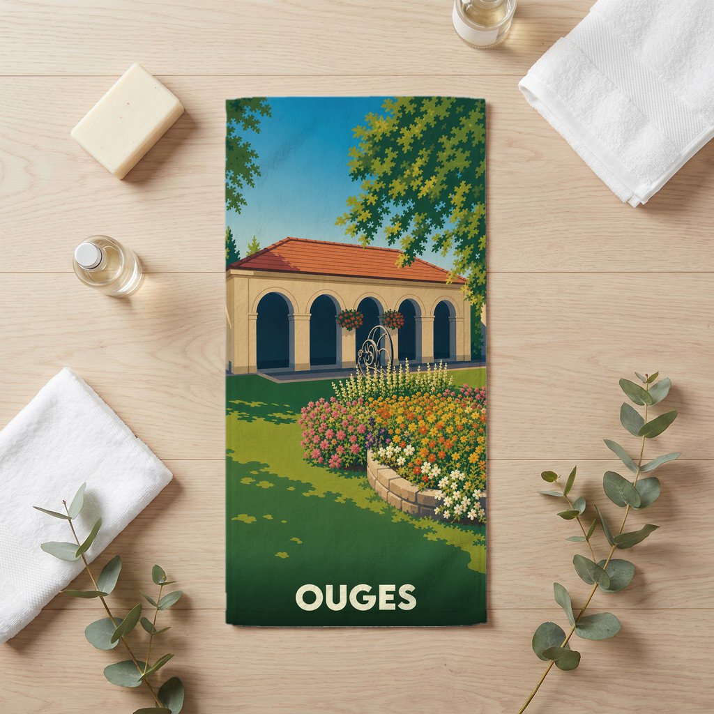 Serviette de bain souvenir de la ville de Ouges avec une illustration stylisée d'un parc fleuri.