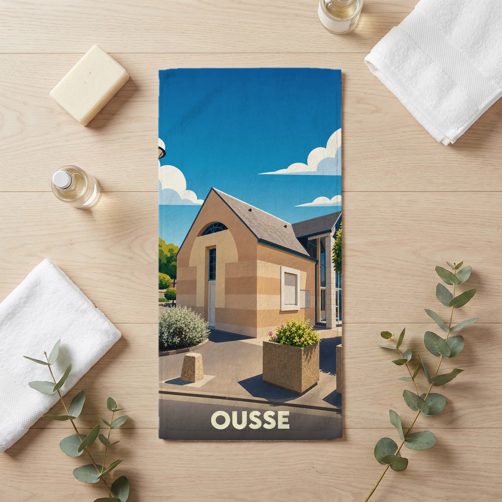 Serviette de bain souvenir de la ville de Ousse illustrée d'un paysage urbain stylisé.