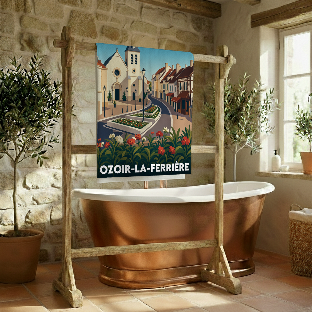 Serviette de bain souvenir de la ville de Ozoir-la-Ferrière avec une illustration stylisée.