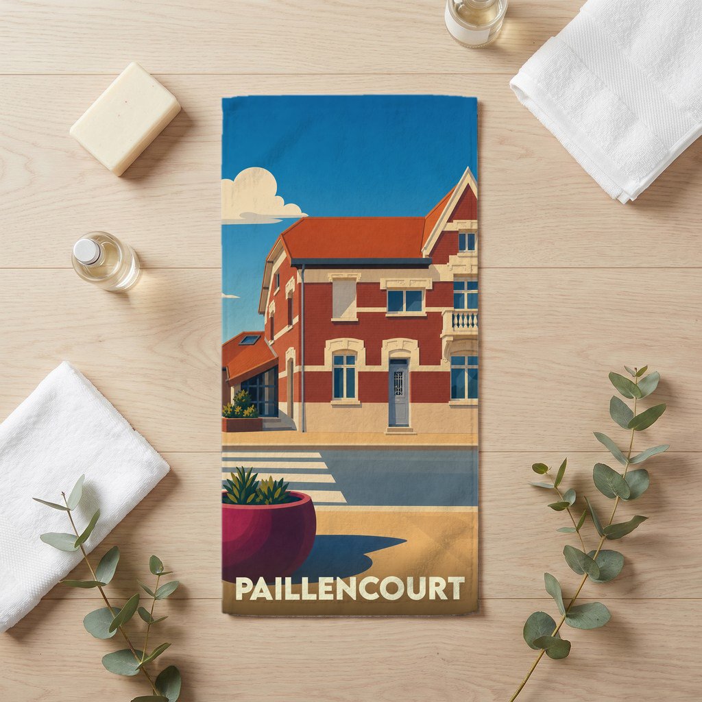 Serviette de bain souvenir de la ville de Paillencourt avec une illustration stylisée.